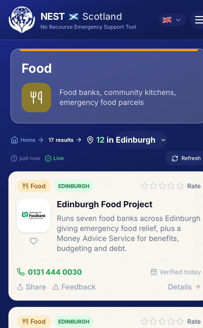 NEST Scotland food directory showing an Edinburgh Food Project service listing and contact details